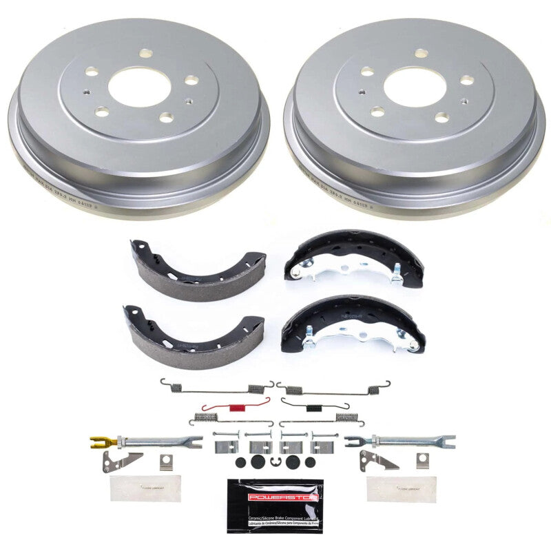 Power Stop KOE15470DK rear brake kit featuring two coated drums, four brake shoes, adjusters, and hardware.