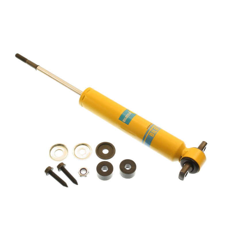 Yellow Bilstein B6 46mm monotube front shock absorber with blue dust boot.