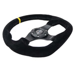 NRG Innovations Reinforced 320mm Sport Suede Flat Bottom Steering Wheel - Yellow Center Mark