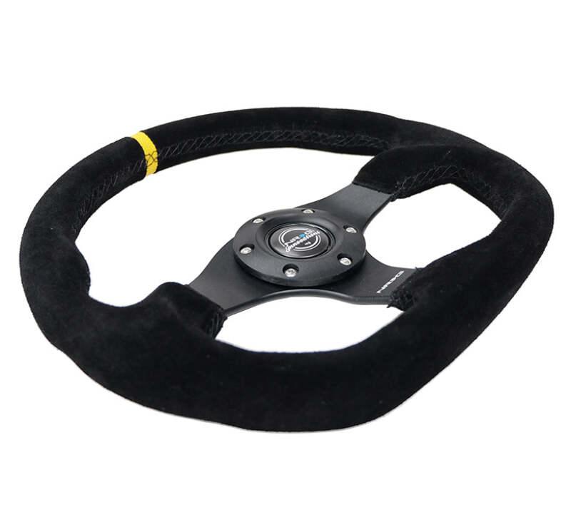 NRG Innovations Reinforced 320mm Sport Suede Flat Bottom Steering Wheel - Yellow Center Mark