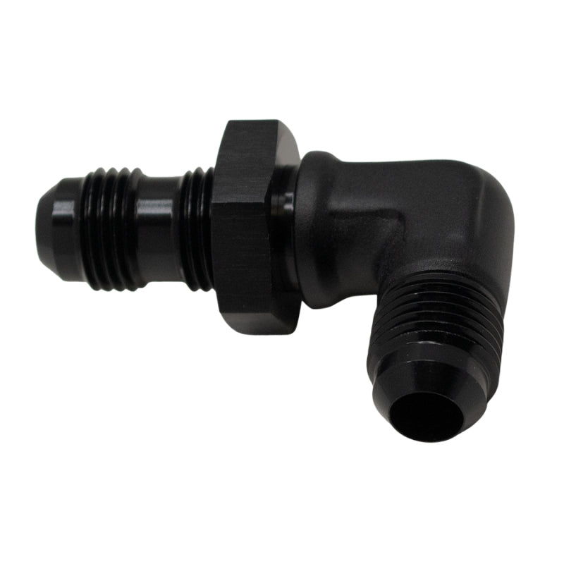 DeatschWerks 90-degree bulkhead adapter with -6AN male flare fittings and a matte black anodized finish.