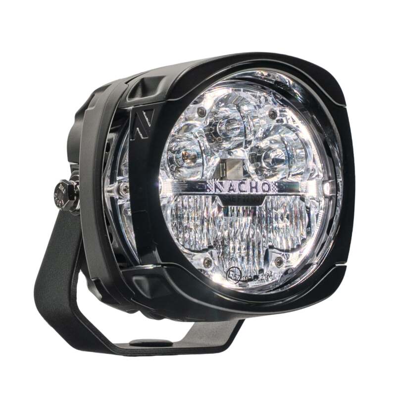 Nacho Lighting Quatro series amber LED pod light with SAE combo beam pattern lens and black housing.