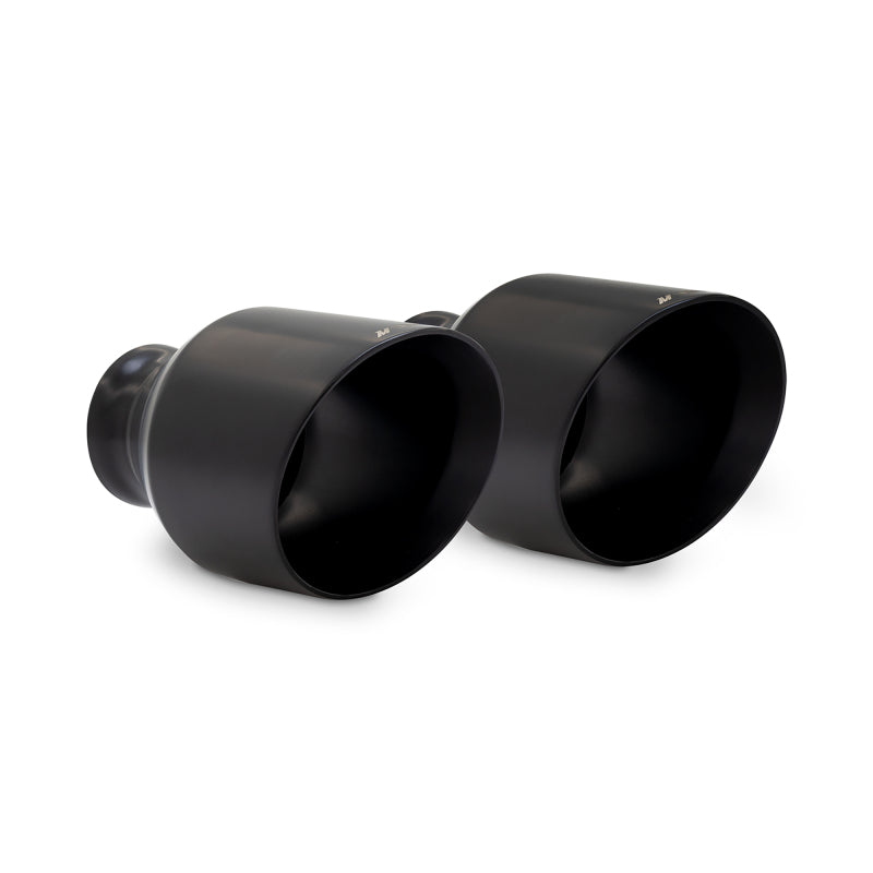 Pair of Mishimoto 5-inch double-wall black powder-coated exhaust tips for 2015-2023 Dodge Charger.