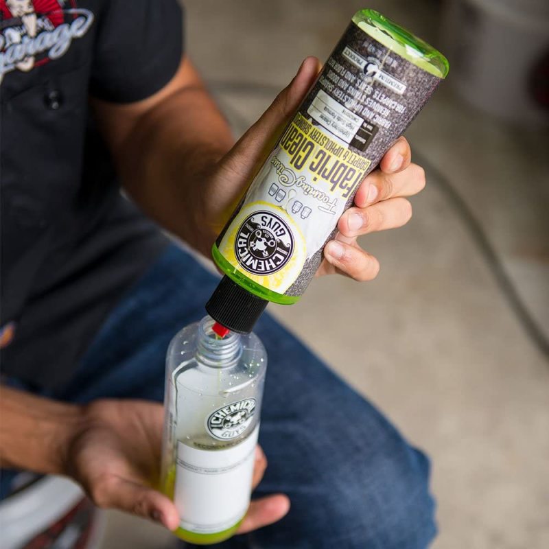 Chemical Guys 16oz bottle of Foaming Fabric Clean Carpet and Upholstery Shampoo with a spray trigger.