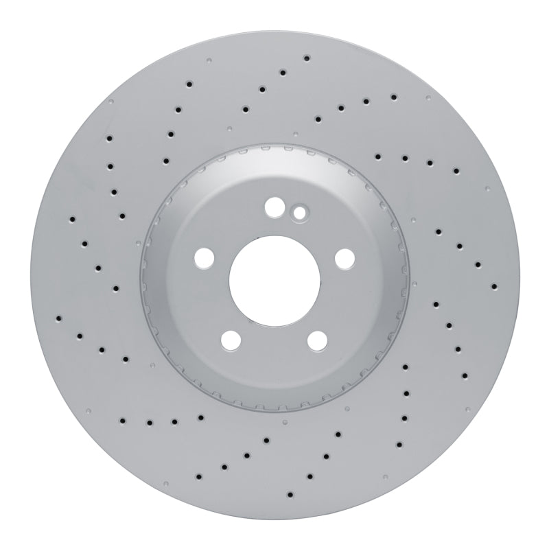 Silver Geomet coated drilled front brake rotor for Mercedes-Benz featuring a high-carbon alloy casting.