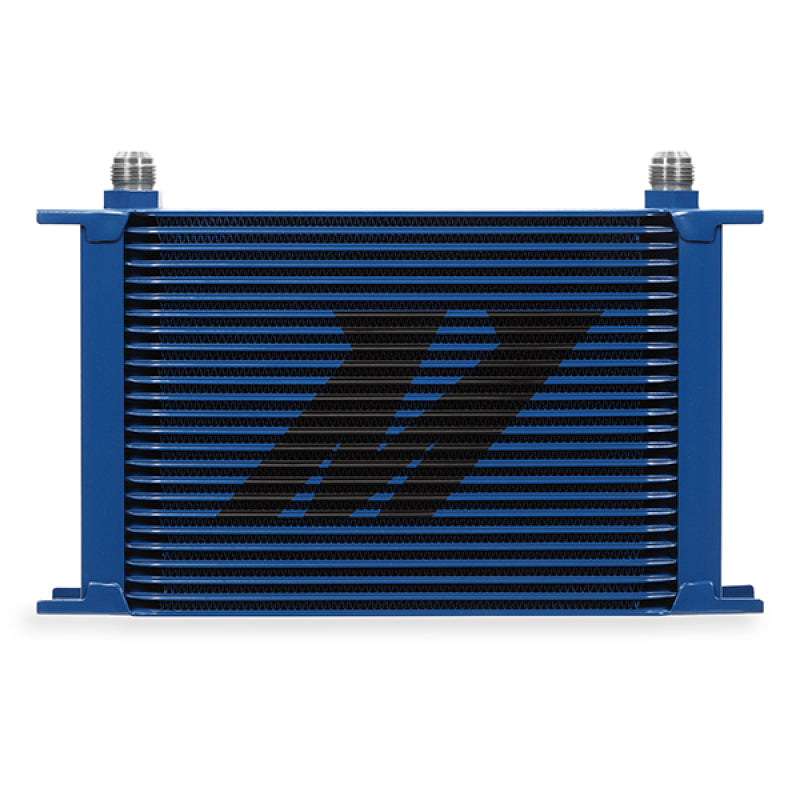 Mishimoto 25-row universal stacked-plate oil cooler with a blue powder-coated finish.