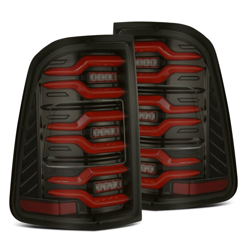 AlphaRex Luxx-Series LED tail lights with black housings and red lenses for 2019-2024 Ram 1500.