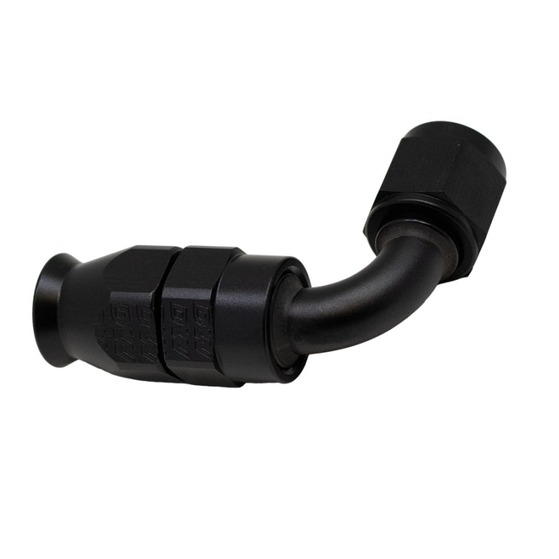 DeatschWerks matte black 6AN female swivel 90-degree PTFE hose end fitting with a brass olive insert.