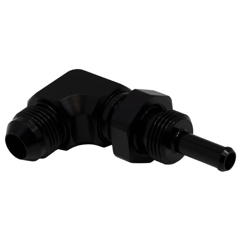 DeatschWerks matte black 90-degree bulkhead adapter with 8AN male flare and 5/16 inch male hose barb