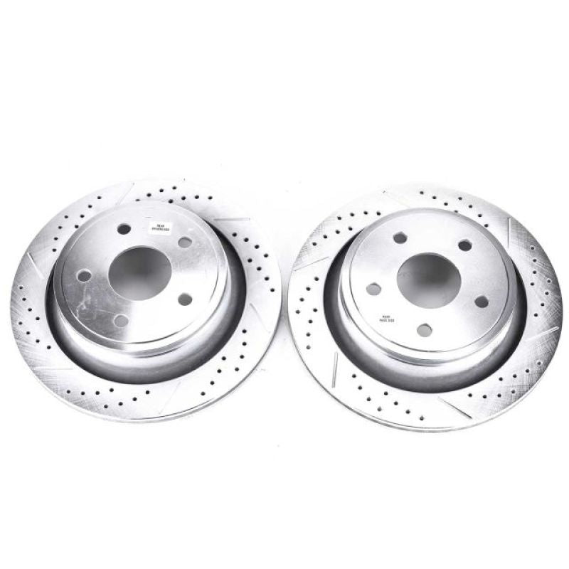 Pair of silver zinc-plated Power Stop Evolution drilled and slotted rear brake rotors