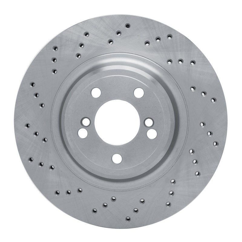 Drilled left rear brake rotor for 2015-2020 BMW M2, M3, and M4 performance vehicles.