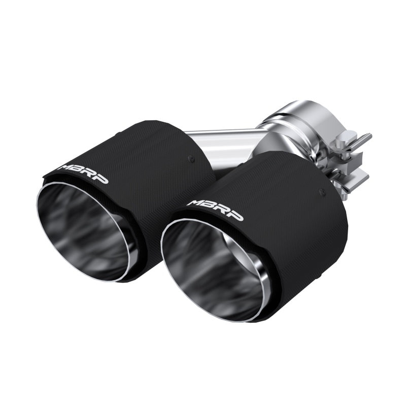 MBRP dual-exit exhaust tip featuring carbon fiber outer sleeves and polished stainless steel inner liners.