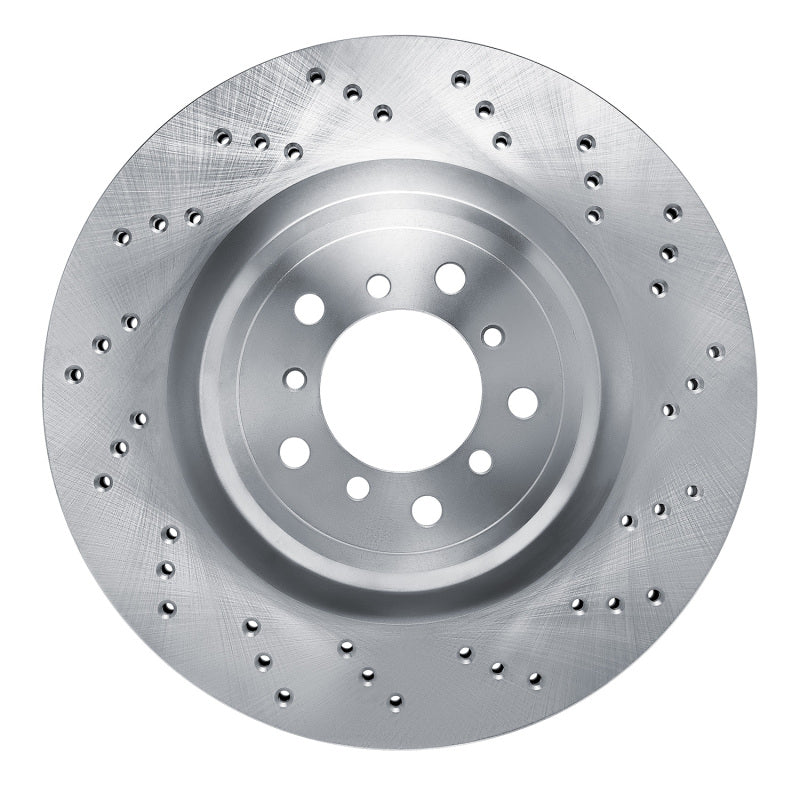Drilled front right brake rotor for 2008-2013 BMW M3 and 1 Series M featuring silver G3000 iron casting.