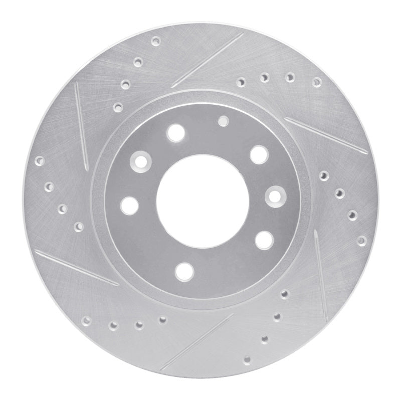 R1 Concepts silver drilled and slotted front left brake rotor for 2006-2015 Mazda MX-5 Miata.