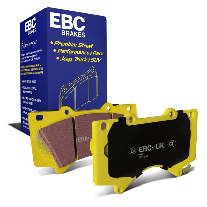 EBC Yellowstuff performance front brake pad set with yellow backing plates and high-friction aramid fiber compound.