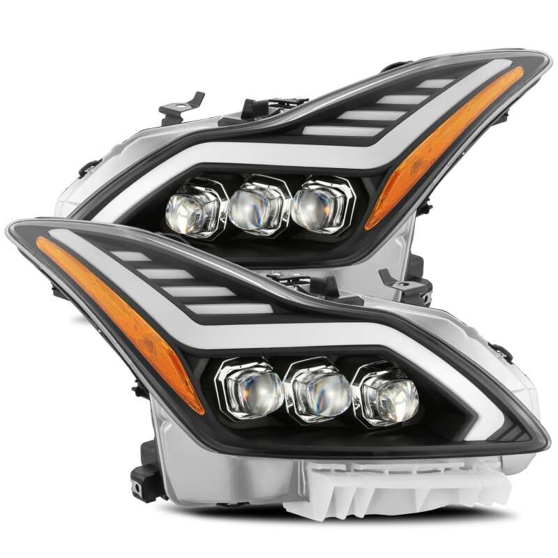 AlphaRex NOVA-Series LED projector headlights in Alpha Black housing with four 3D LED projectors for Infiniti G37 and Q60.