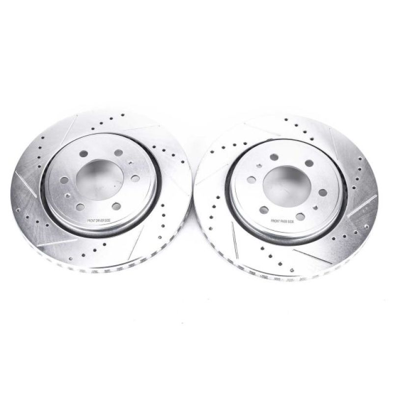 Pair of silver zinc plated Power Stop Evolution front brake rotors featuring cross-drilled holes and rounded slots.