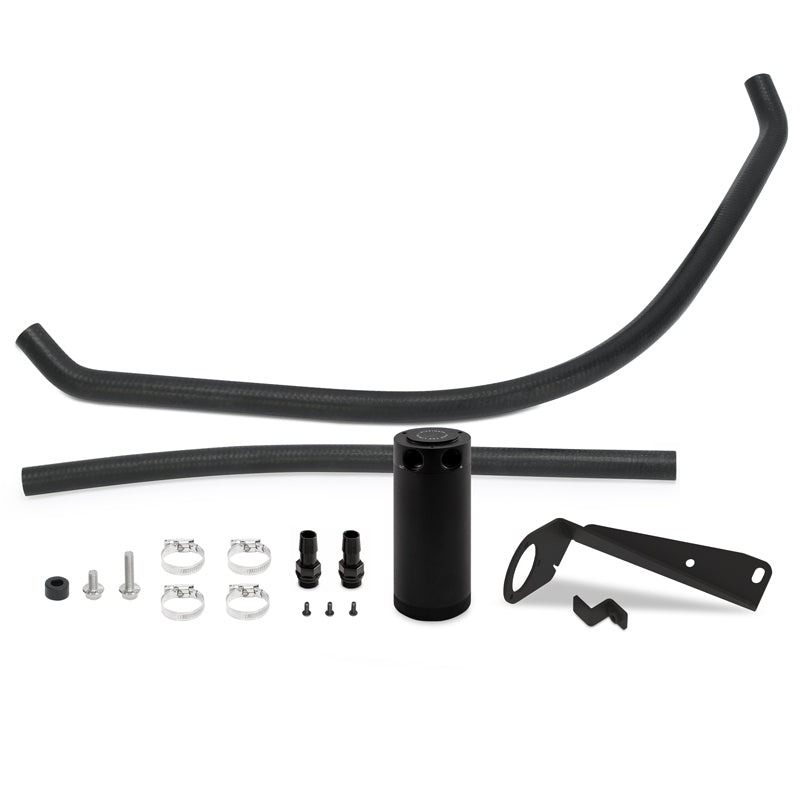 Black Mishimoto baffled oil catch can with direct-fit mounting bracket and pre-molded hoses for 2019-2024 Ram 1500 5.7L.
