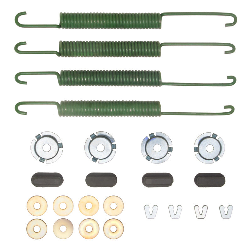 DFC 370-54059 front drum brake hardware kit featuring return springs, hold-down pins, and adjustment clips.