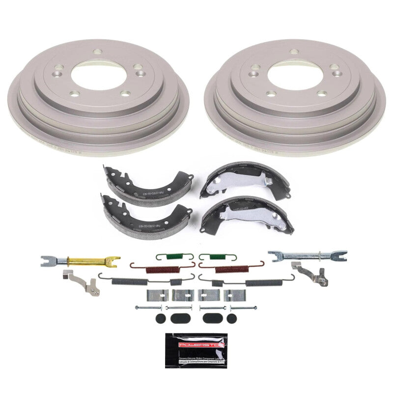 Power Stop Autospecialty rear brake drum and shoe kit including coated drums, shoes, adjusters, and hardware.