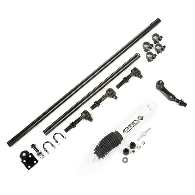 Rugged Ridge heavy duty steering kit featuring steel tie rod, drag link, 7/8 inch rod ends, and steering damper