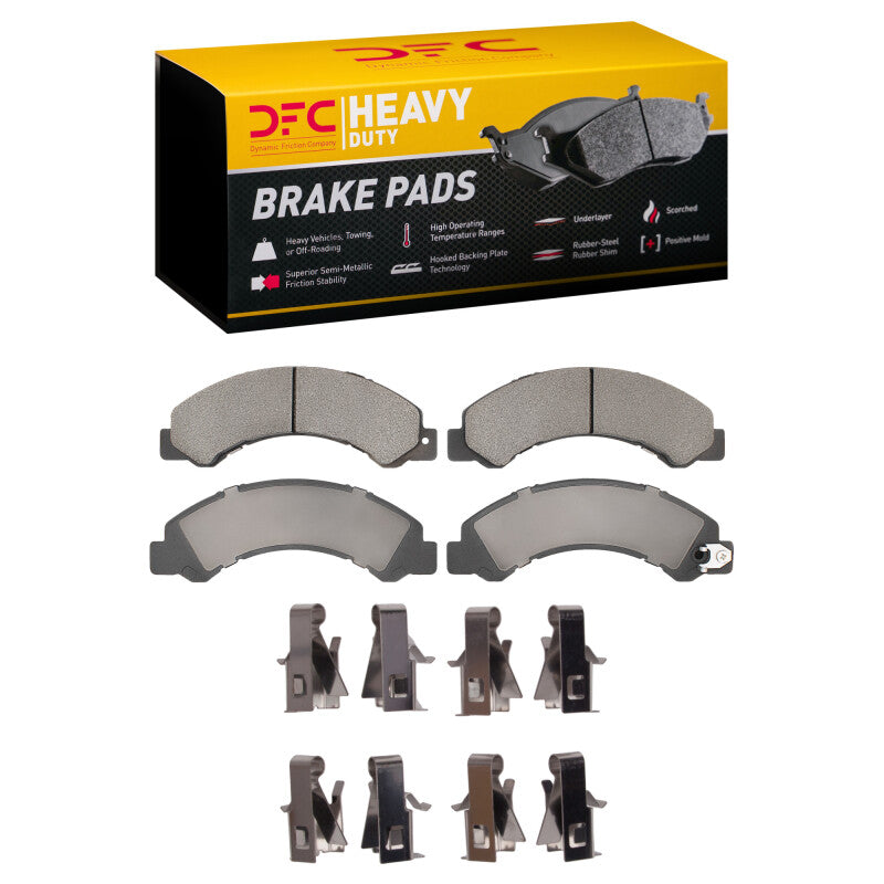 DFC semi-metallic heavy duty front and rear brake pads with installation hardware for Hino 155 trucks.