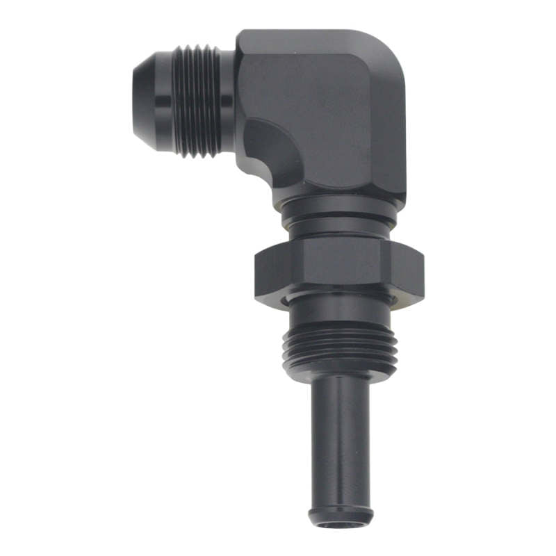 DeatschWerks matte black anodized 8AN male flare to 3/8 inch straight single hose barb adapter fitting
