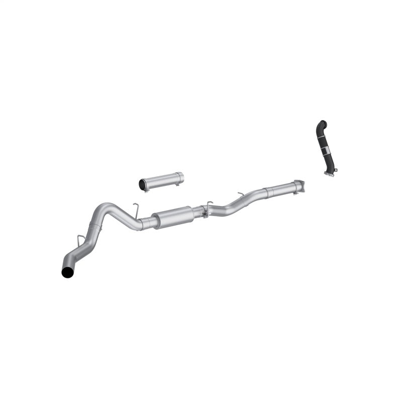 MBRP Armor Lite 4-inch aluminized steel cat-back exhaust system with mandrel-bent tubing and downpipe.