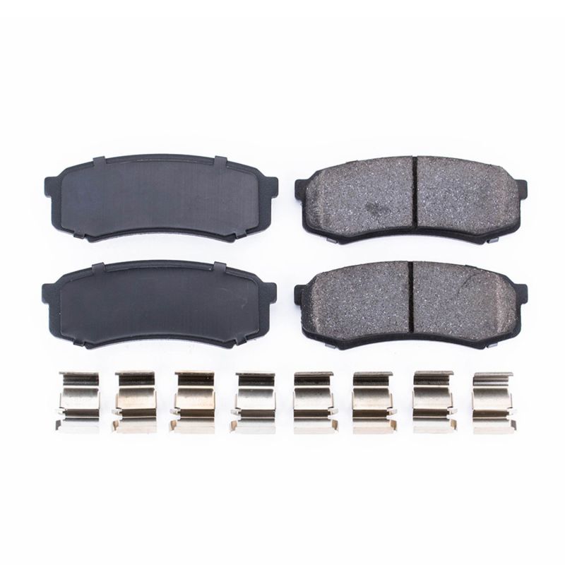 Power Stop Z17 Evolution Plus ceramic rear brake pad set with stainless steel hardware and multi-layer rubberized shims.
