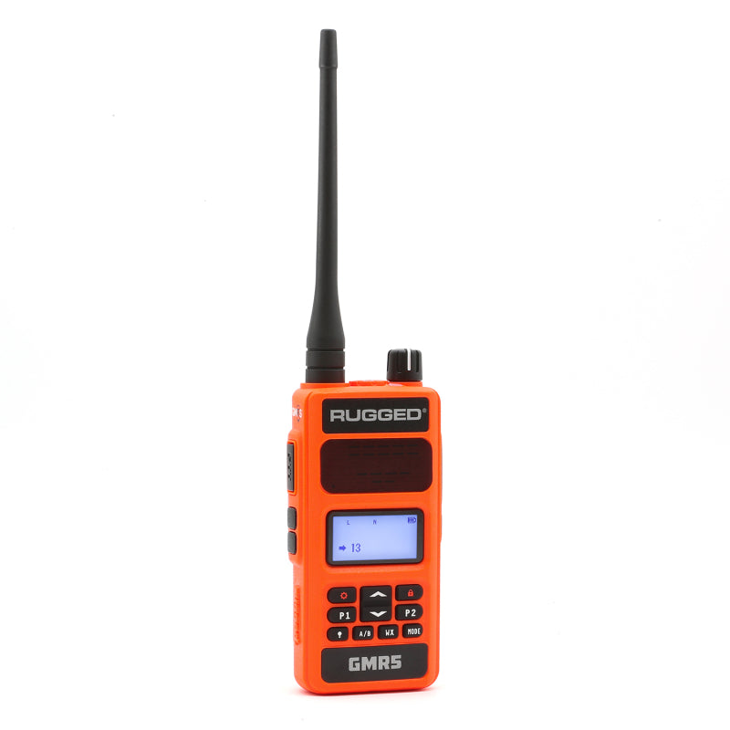 Safety orange Rugged Radios GMR5 handheld GMRS radio with antenna and control display.