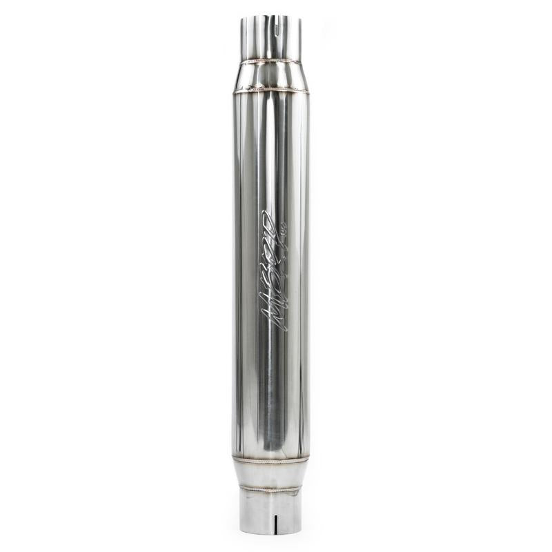 T304 stainless steel universal exhaust resonator featuring a 3-inch inlet and outlet and a 22-inch body.