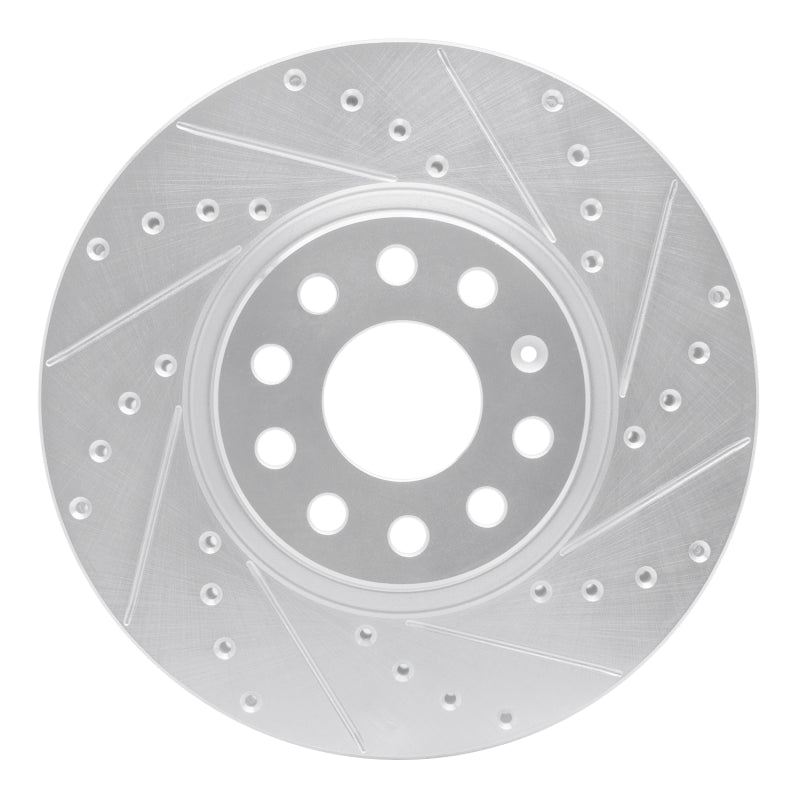 R1 Concepts silver drilled and slotted front right brake rotor for Audi and Volkswagen vehicles