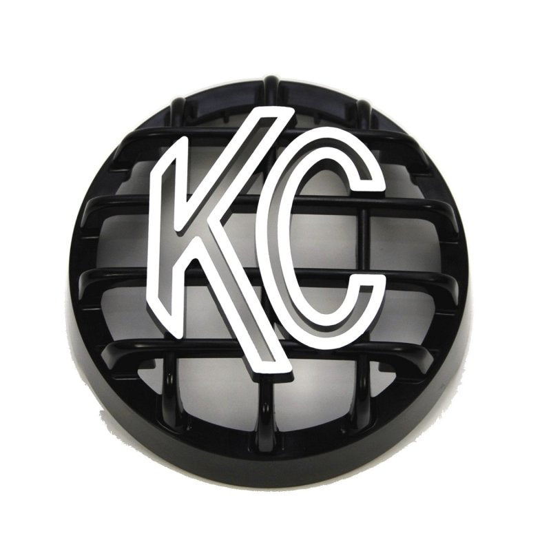 Black KC HiLiTES 4 inch round ABS stone guard with white KC logo for Rally 400 series lights.