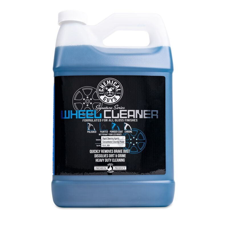 One gallon bottle of yellow Chemical Guys Signature Series Wheel Cleaner with professional labeling.