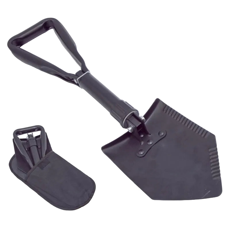Black powder-coated Rugged Ridge tri-fold recovery shovel in the open position showing serrated blade edges.
