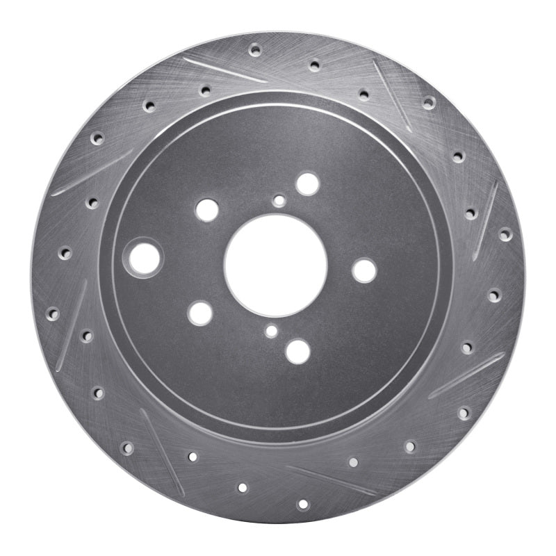 Silver R1 Concepts rear right brake rotor with cross-drilled holes and diamond-cut slots.