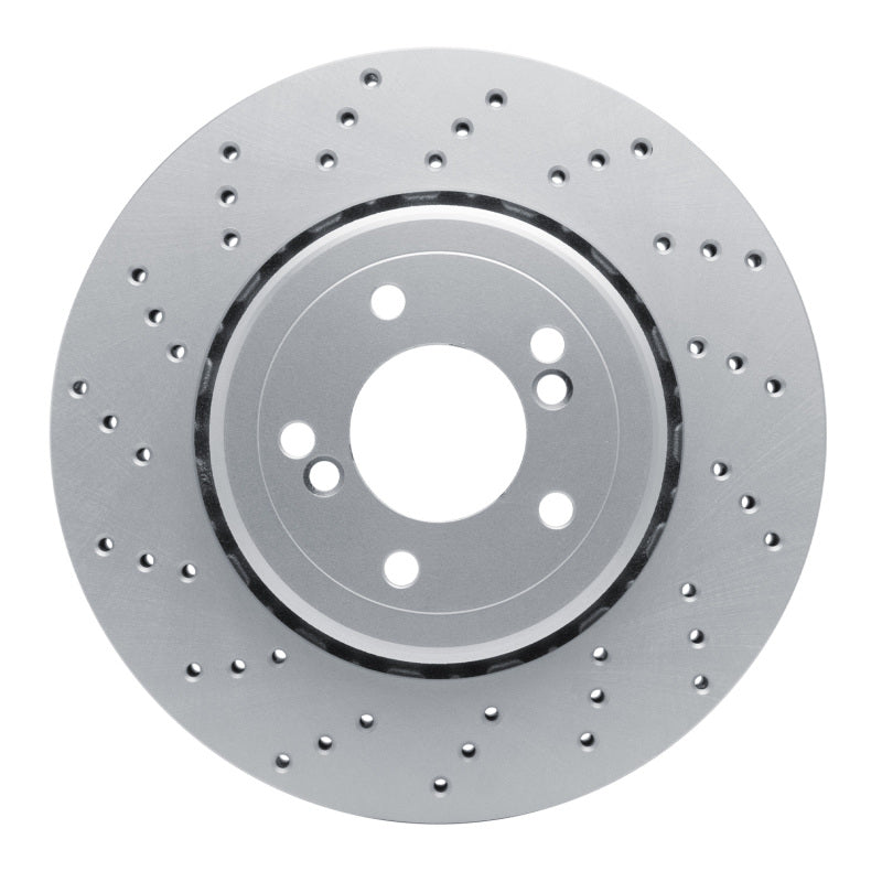 DFC GeoSPEC cross-drilled left rear brake rotor with silver anti-corrosion coating.