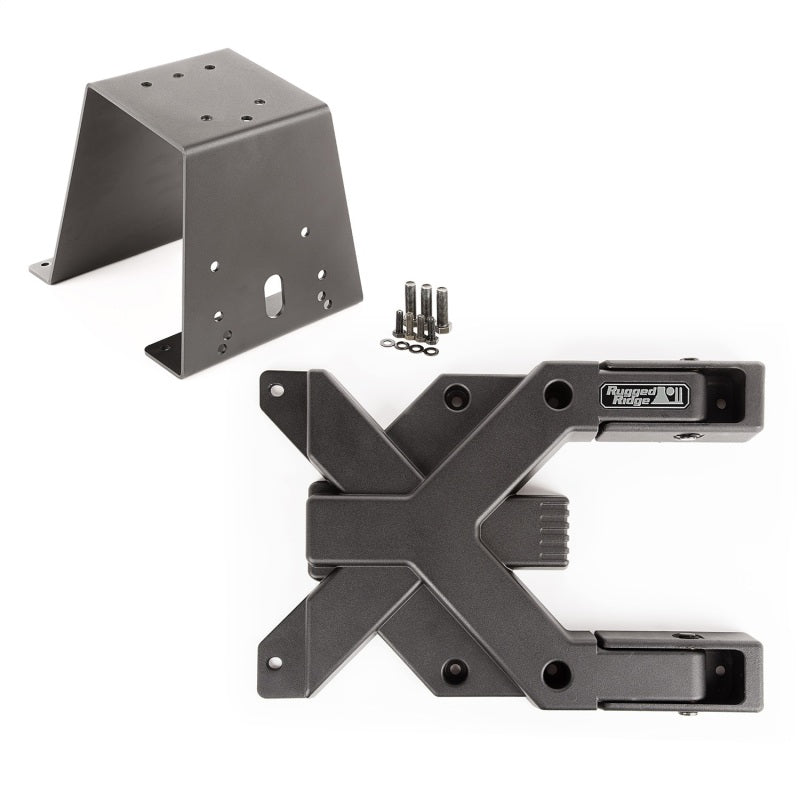 Rugged Ridge Spartacus HD tire carrier system with die-cast aluminum hinge and steel wheel mount for Jeep Wrangler TJ.