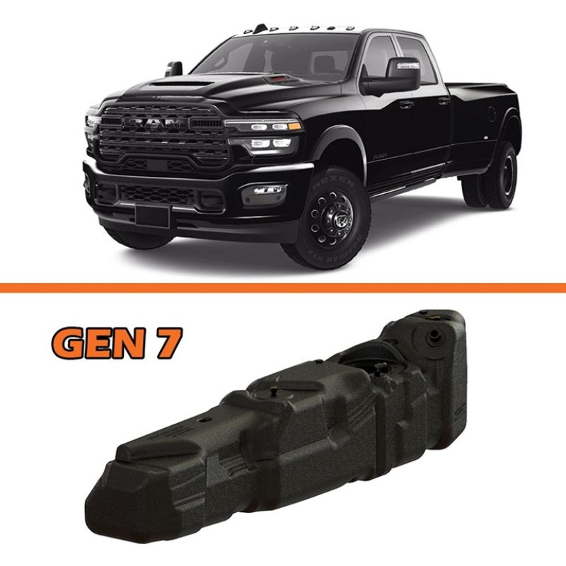 Titan Fuel Tanks 55-gallon XXL mid-ship replacement fuel tank with black steel straps for 2025 Ram 2500/3500 Cummins.