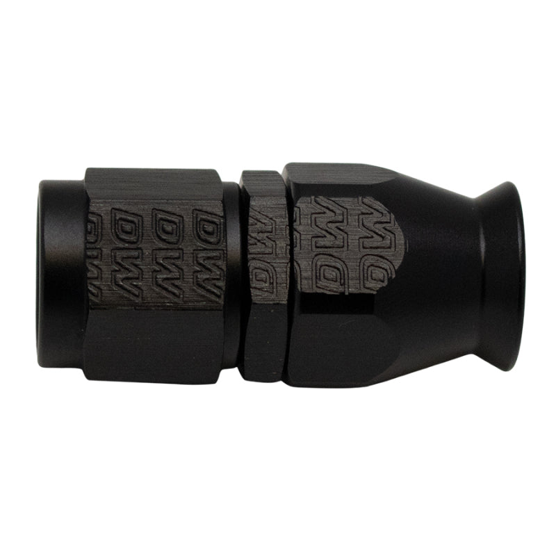 DeatschWerks matte black anodized 6AN female swivel straight hose end fitting for PTFE lines with brass olive insert.