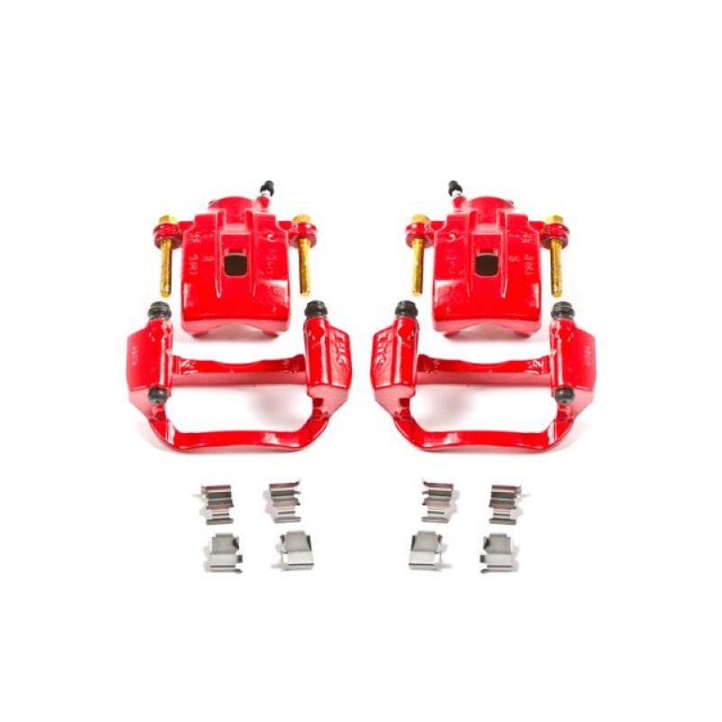 Pair of Power Stop S3276 rear red powder coated brake calipers with mounting brackets and hardware.