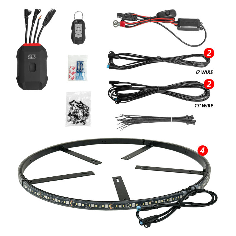 XK Glow XKmax RGBW LED wheel ring lights showing the circular LED strips and mounting hardware.
