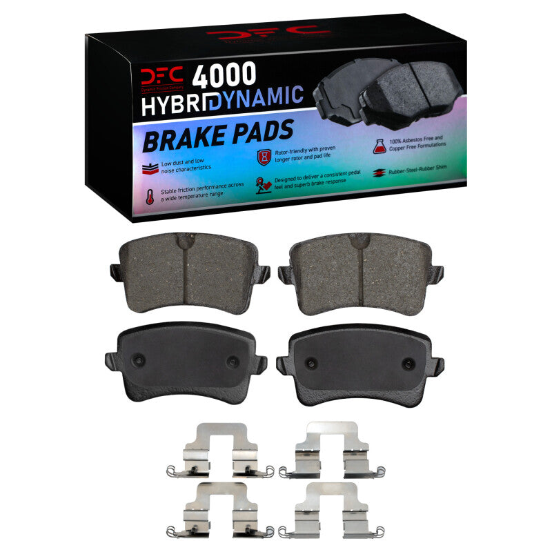 DFC 4000 HybriDynamic rear brake pads with installation hardware clips for Audi A4, A5, and Q5.