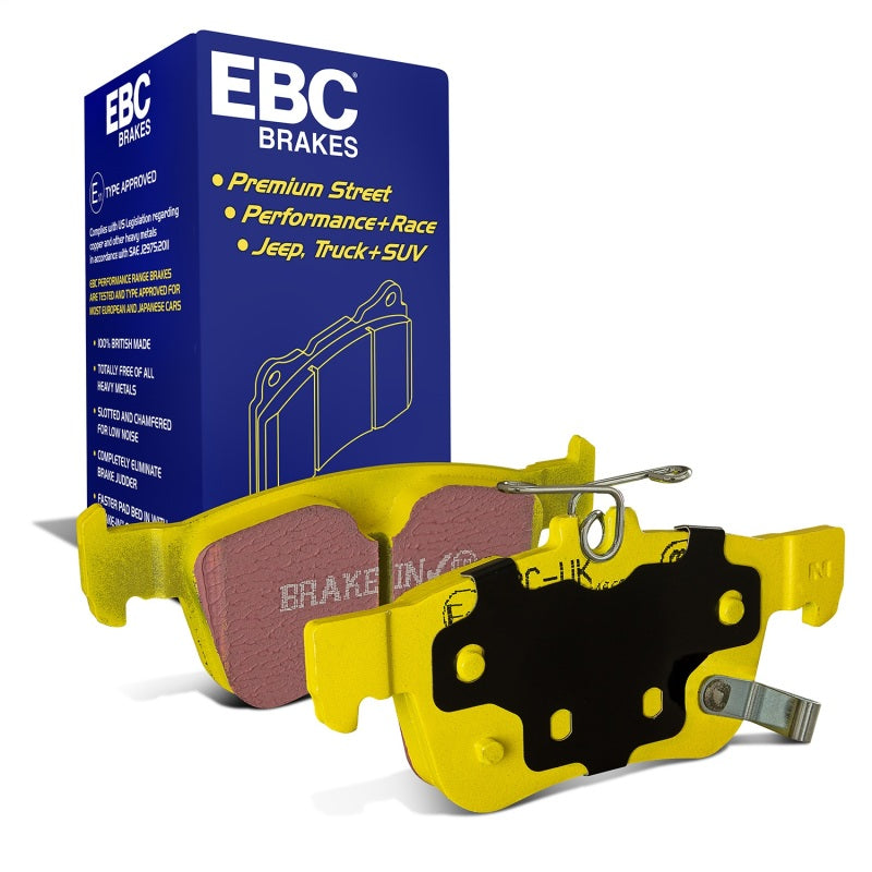 EBC Yellowstuff high-friction aramid fiber rear brake pads with signature yellow powder coat finish