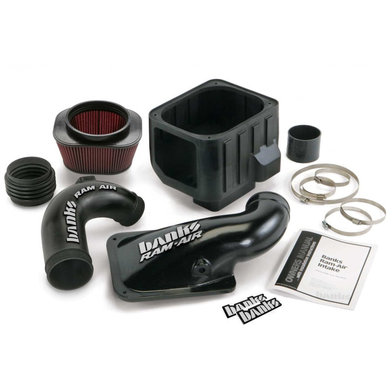 Banks Power Ram-Air intake system with enclosed air box, bellows intake tube, and red oiled filter element.
