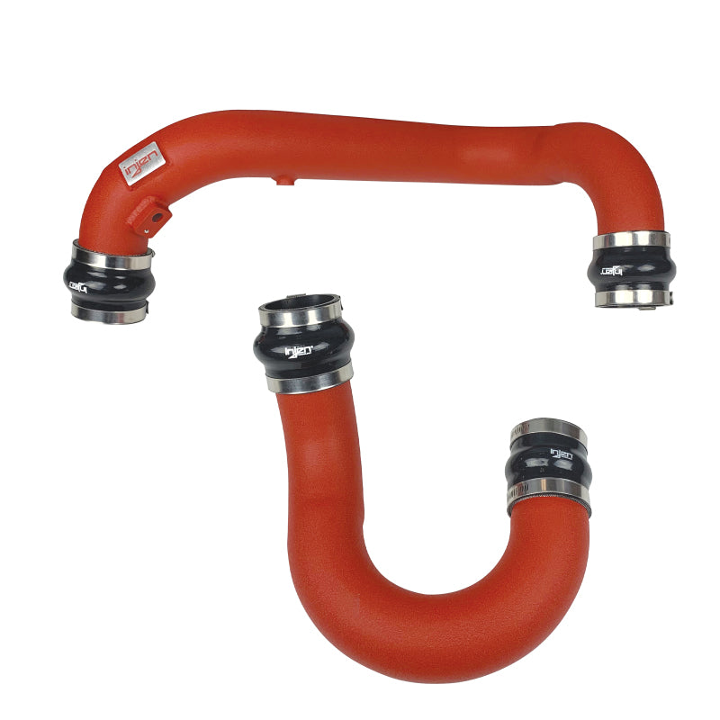 Injen SES Wrinkle Red aluminum intercooler charge pipe system with silicone couplers and hardware for Audi S4 and S5.