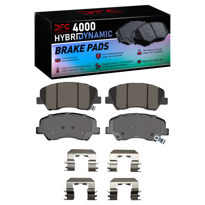 DFC 4000 HybriDynamic front brake pad set with application-specific hardware kit for Hyundai Accent and Kia Rio