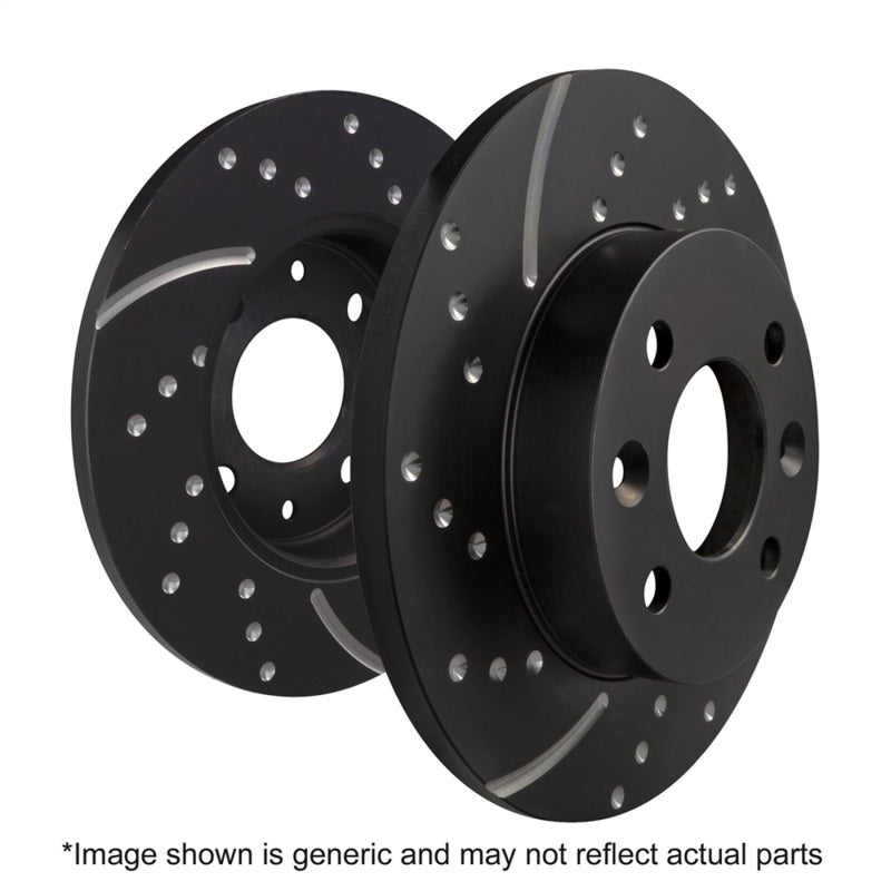 EBC GD Sport dimpled and slotted rear brake rotor featuring gold anti-corrosion coating and cast iron construction.