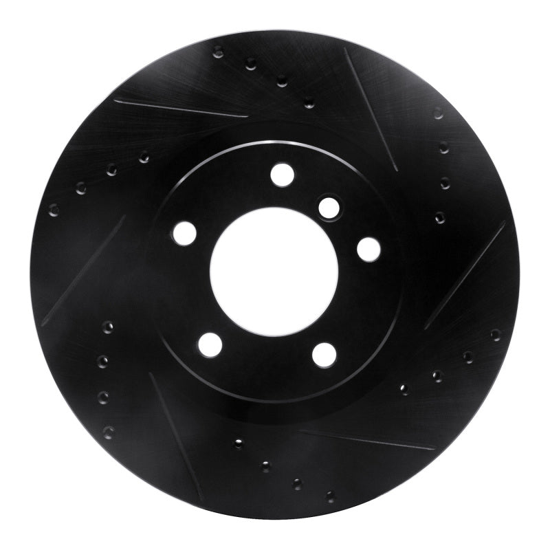 R1 Concepts left front drilled and slotted black brake rotor with protective e-coat finish