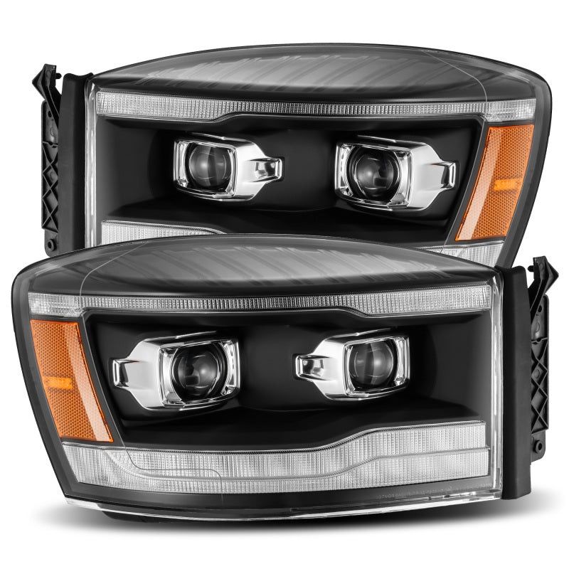 AlphaRex LUXX series black plank-style LED projector headlights with sequential signals and DRL for 2006-2009 Dodge Ram.